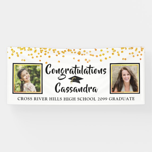 Confetti Brush Script Then & Now Photos Graduation Banner (Horizontal)