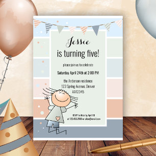 Confetti Bunting Striped Simple Kids Birthday Invitation