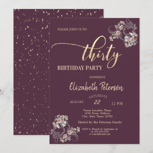Confetti Burgundy Floral 30th Birthday Party Invitation