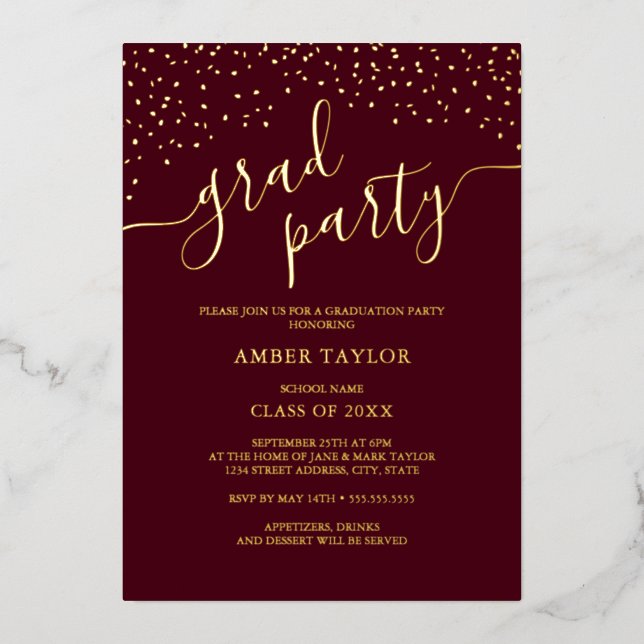 Confetti Burgundy Gold Photo Graduation Party (Front)