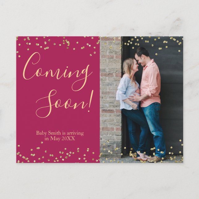 Confetti Burgundy Pregnancy Announcement Postcard (Front)