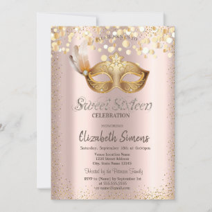  Confetti Chic Masque Rose Gold Sweet 16 Invitation