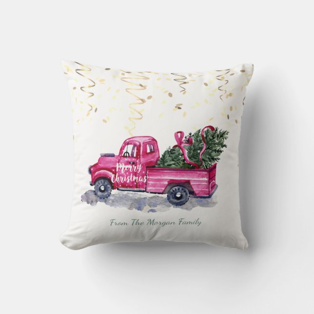 Confetti,Christmas Pink Truck Pine Tree   Throw Pillow (Front)