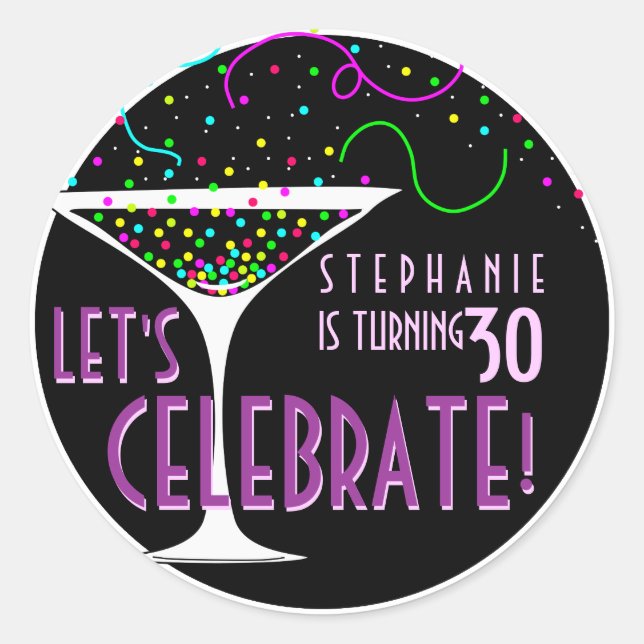 Confetti Cocktail Birthday Round Sticker (Front)
