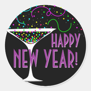 Confetti Cocktail Happy New Year Round Sticker