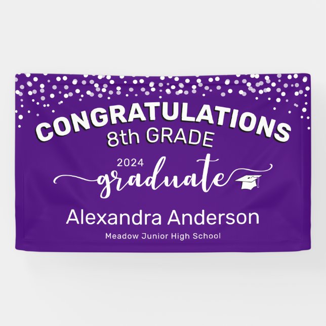 Confetti Congratulations 8th Grade Graduate Purple Banner (Horizontal)