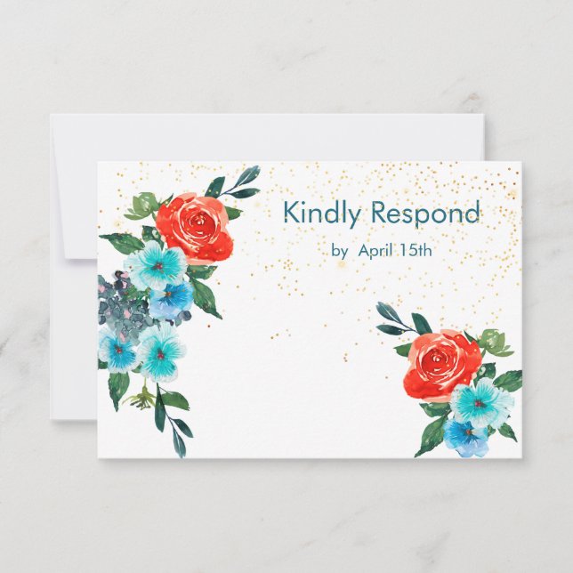 Confetti Coral and Aqua Floral Wedding RSVP Card (Front)