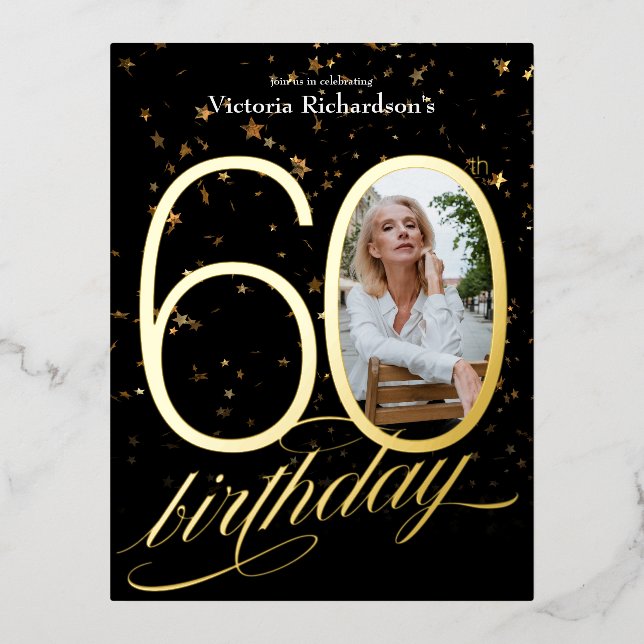 Confetti Custom Photo Gold Black 60th Birthday Foil Invitation Postcard (Front)
