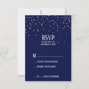 Confetti d'or sur carte RSVP bleu marine
