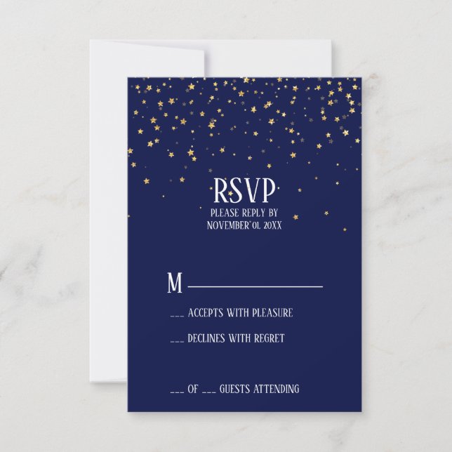 Confetti d'or sur carte RSVP bleu marine (Devant)