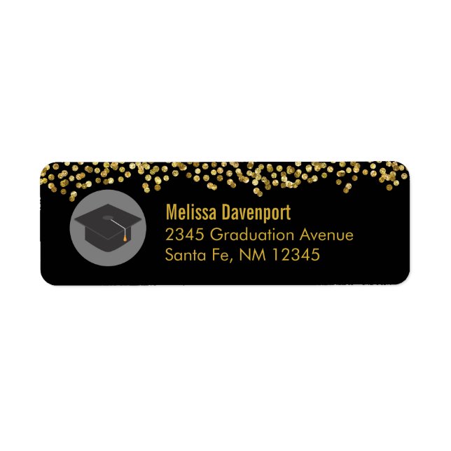 Confetti d'or sur noir avec capuchon de graduation (Devant)