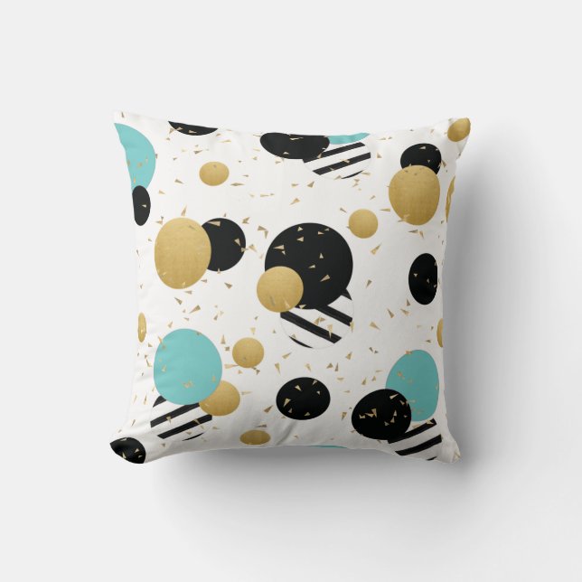 Confetti Dot Party Black Teal and Gold Throw Pillow (Front)