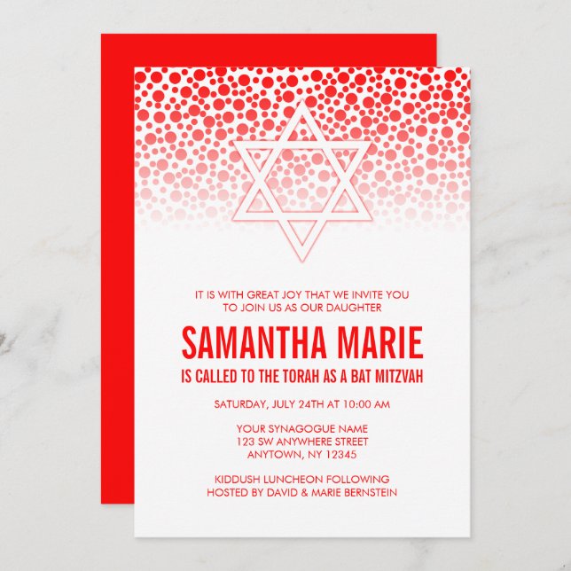 Confetti Dots Bat mitzvah rouges Invitations (Devant / Derrière)