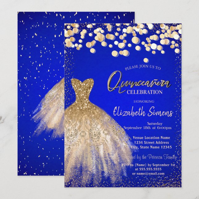 Confetti Dots,Chic Dress Royal Blue Quinceañera  Invitation (Front/Back)