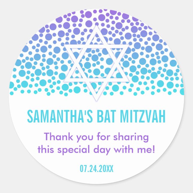 Confetti Dots Purple Teal Bat Mitzvah Favour Classic Round Sticker (Front)