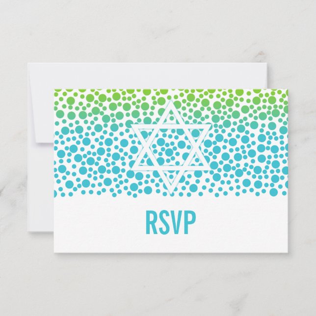 Confetti Dots Teal Lime Green Bat Mitzvah RSVP Card (Front)