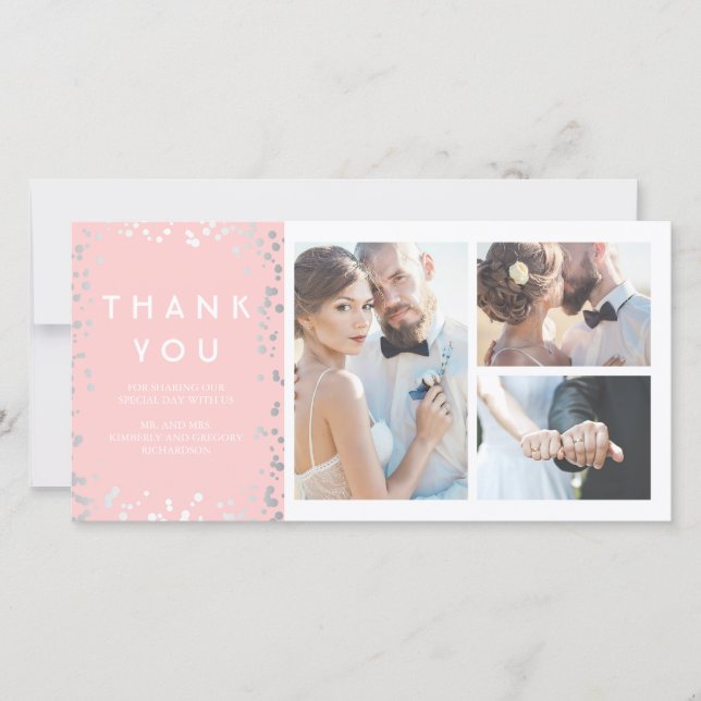 Confetti en argent Élégant Merci Mariage rose (Devant)