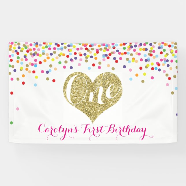 Confetti First Birthday Banner Gold Glitter Heart (Horizontal)