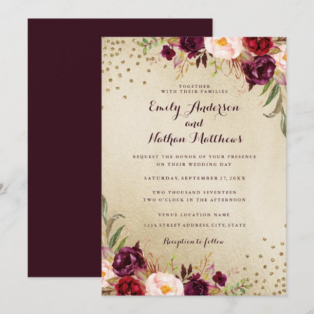 Confetti Floral Gold Burgundy Wedding Invitation (Front/Back)