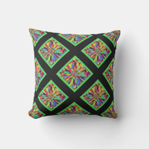 Confetti Flower in black & lime green plaid Throw Pillow