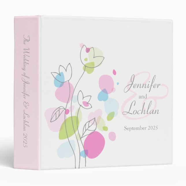 Confetti flower pink aqua grey wedding folder binder (Front/Spine)