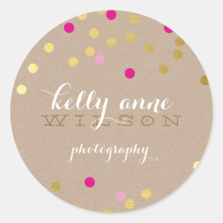 CONFETTI GLAMOROUS cute gold foil bold pink kraft Classic Round Sticker
