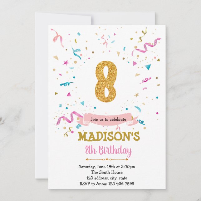 Confetti glitter 8th birthday invitation (Front)