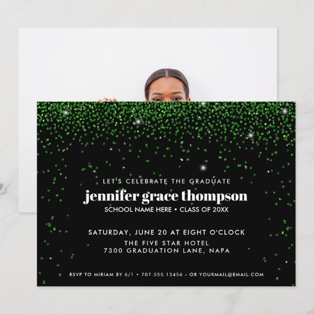 Confetti Glitter Green Black Photo Grad Party Invitation (Front/Back)