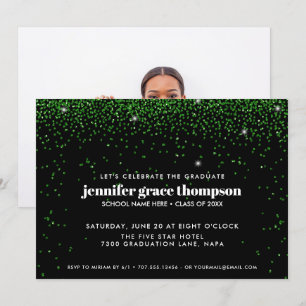 Confetti Glitter Green Black Photo Grad Party Invitation