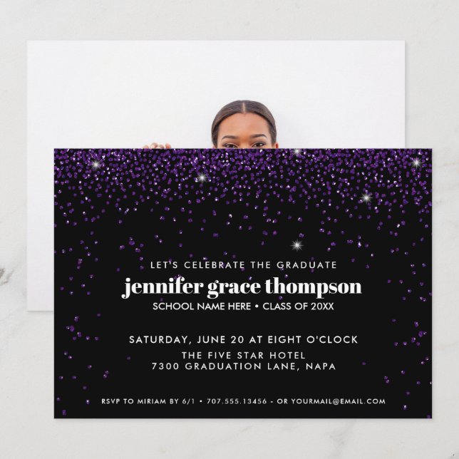 Confetti Glitter Purple Black Photo Grad Party Invitation (Front/Back)