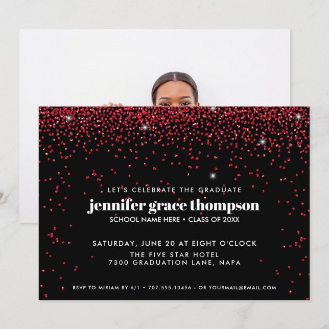 Confetti Glitter Red Black Photo Graduation Party Invitation (Front/Back)