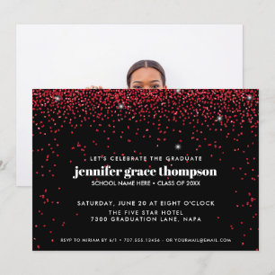Confetti Glitter Red Black Photo Graduation Party Invitation