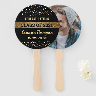 Confetti Gold Black Class of 2021 Graduate Photo Hand Fan