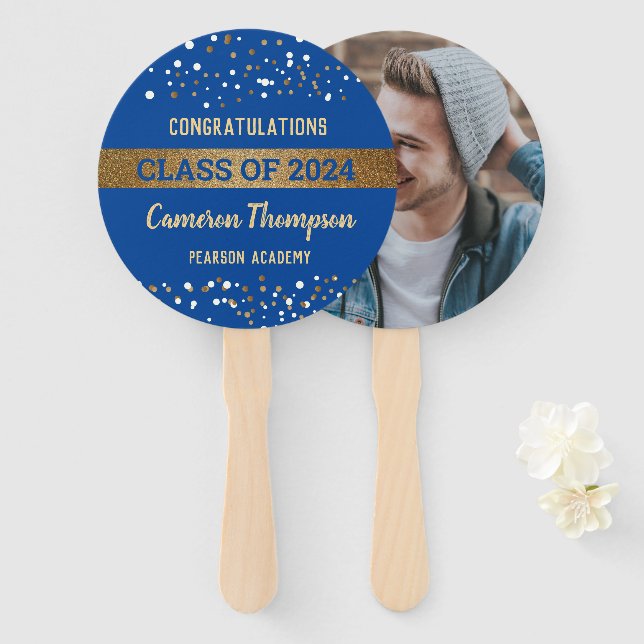Confetti Gold Blue Class of 2024 Graduate Photo Hand Fan (Front and Back)