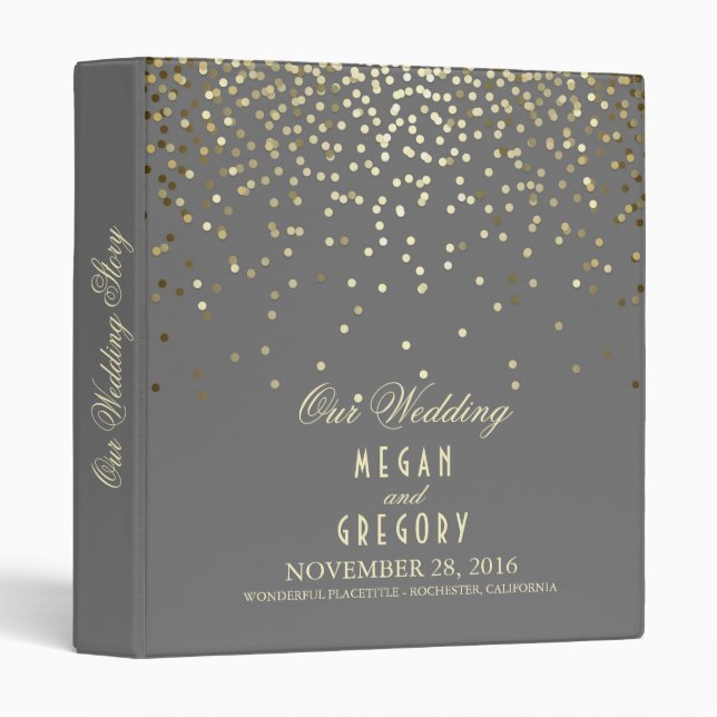 Confetti Gold Dots Elegant Grey Wedding Binder (Front/Spine)
