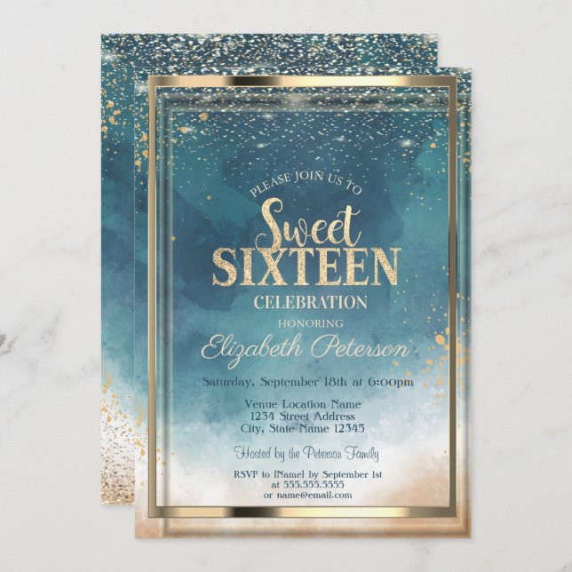 Confetti Gold Frame Watercolor Splash Sweet 16 Invitation (Front/Back)