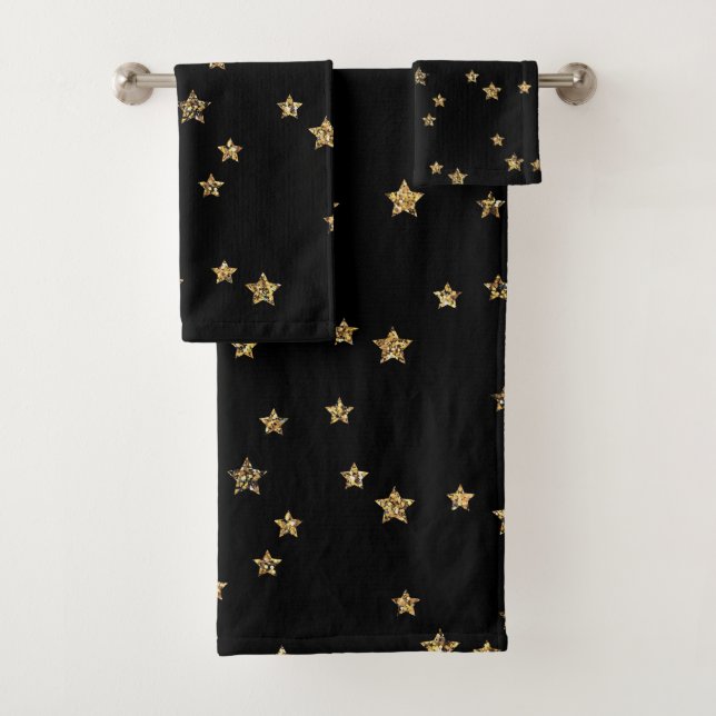 Confetti golden stars glitter shine elegant black bath towel set (Insitu)
