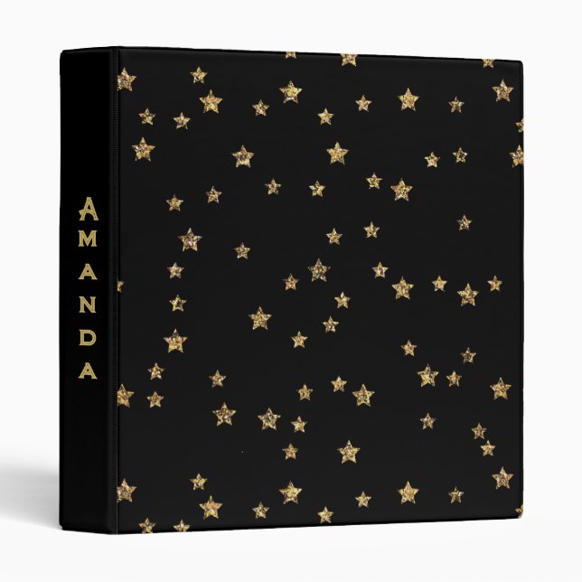 Confetti golden stars glitter shine elegant black binder (Front/Spine)