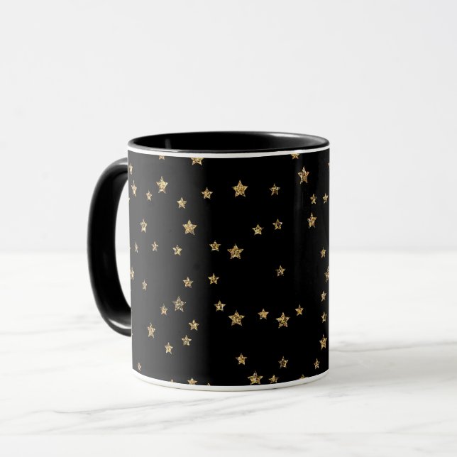 Confetti golden stars glitter shine elegant black mug (Front Left)