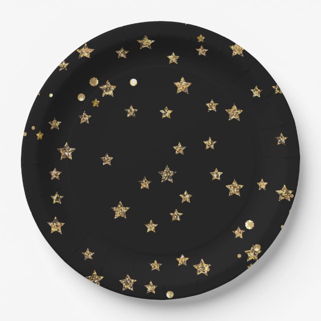 Confetti golden stars glitter shine elegant black paper plate (Front)