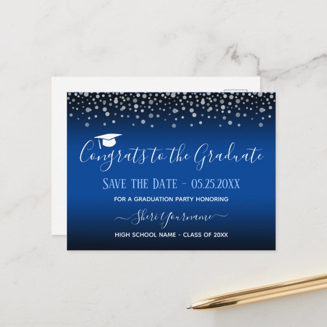 Confetti Graduation Party Save the Date Invitation Postcard (Front/Back In Situ)