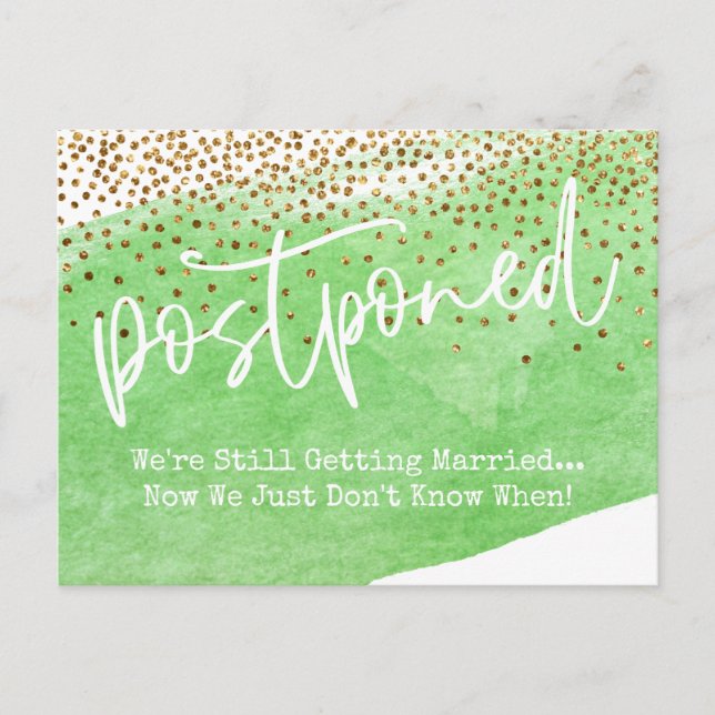 Confetti & Green Watercolor Postponed Wedding Postcard (Front)