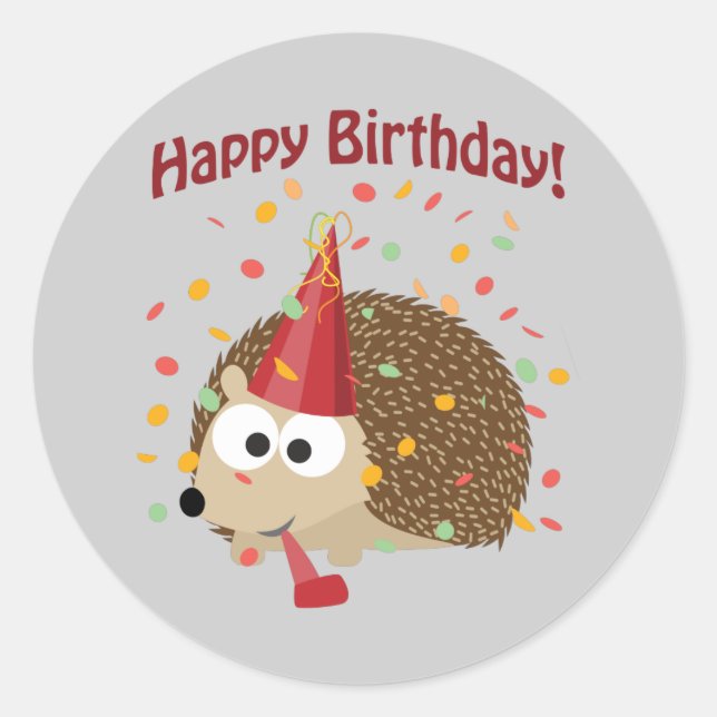 Confetti Happy Birthday Hedgehog Classic Round Sticker (Front)