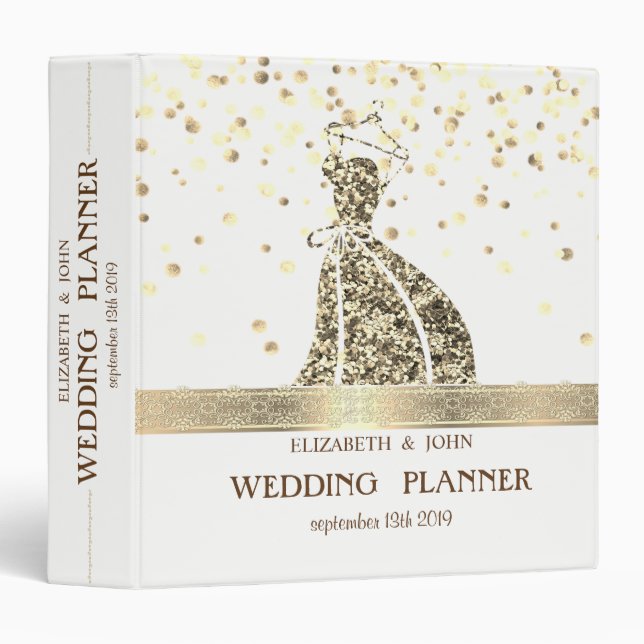 Confetti, Lace,Gold Glitter Dress  Bridal Planner Binder (Front/Spine)