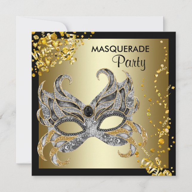 Confetti Mask Black Gold Masquerade Party Invitation (Front)