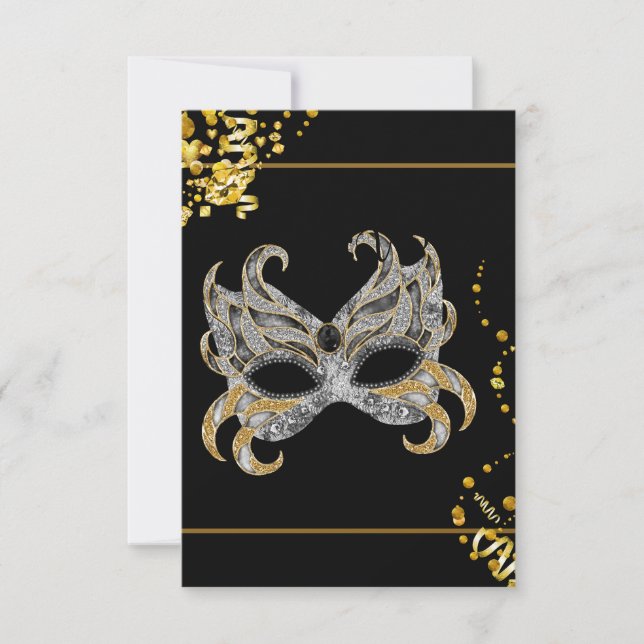 Confetti Mask Black Gold Masquerade Party RSVP (Front)