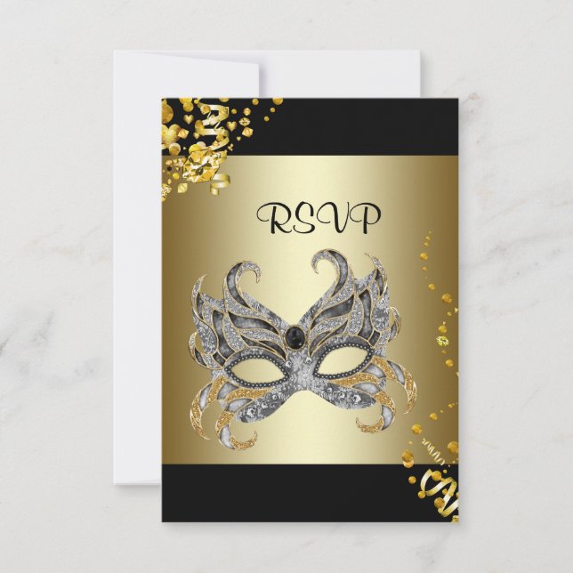 Confetti Mask Black Gold Masquerade Party RSVP Card (Front)