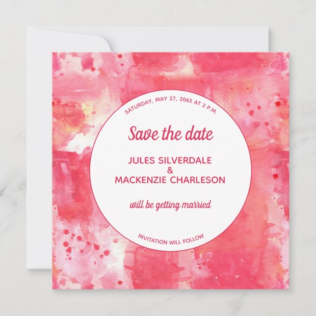 Confetti Modern Pink Watercolor Save the Date Invitation (Front)