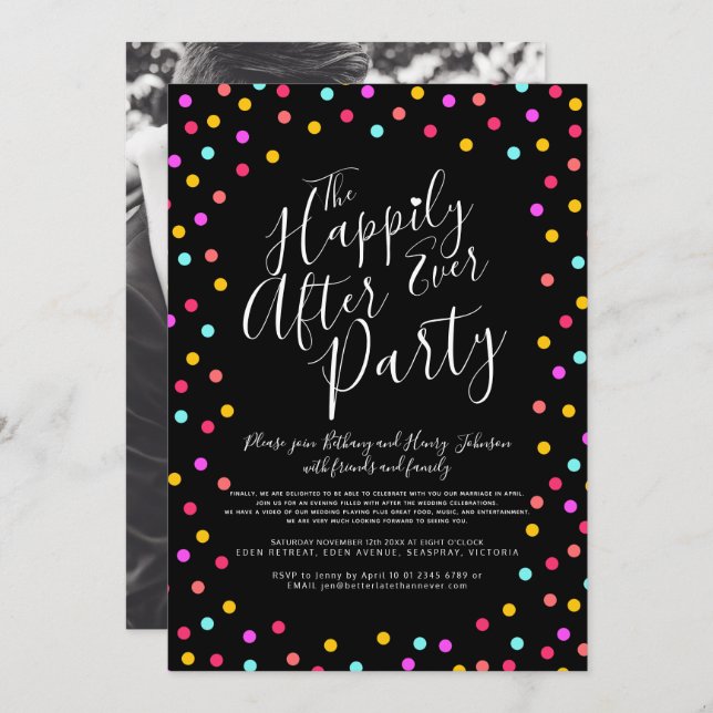 Confetti on black happily ever after wedding party invitation (Front/Back)