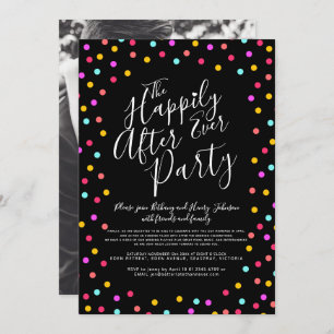 Confetti on black happily ever after wedding party invitation